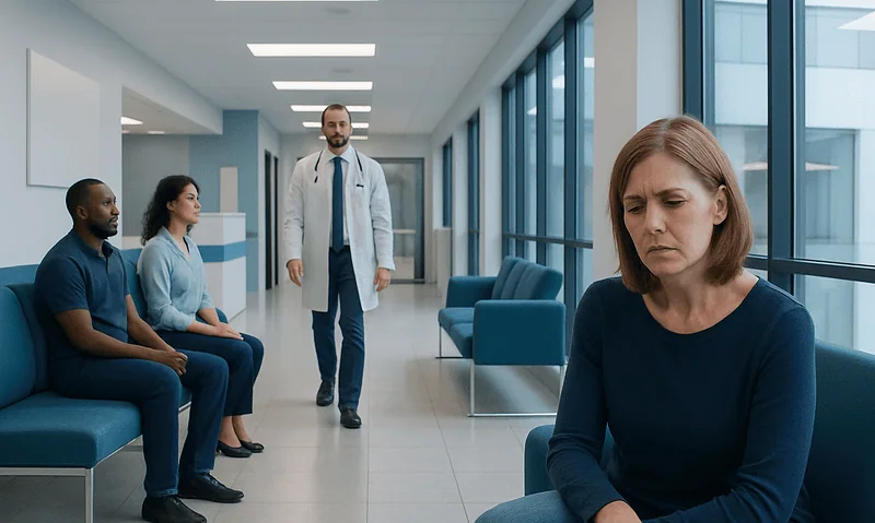 Woman feeling sad in a hospital waiting area with doctors and patients.