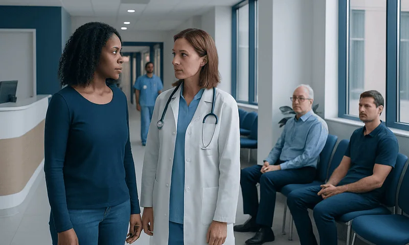 Doctor consulting a patient in a hospital corridor with waiting area.