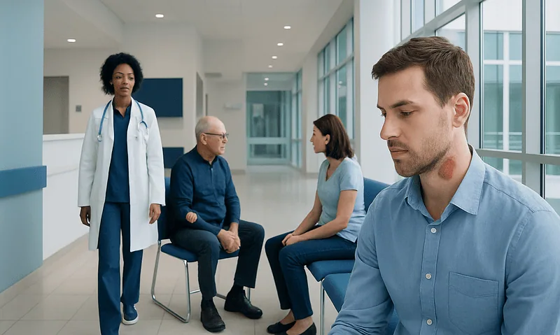 Medical consultation with doctor and patients in hospital corridor.