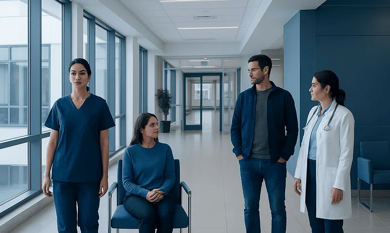 Medical professionals and patient in hospital corridor at Acibadem Hospitals Group.