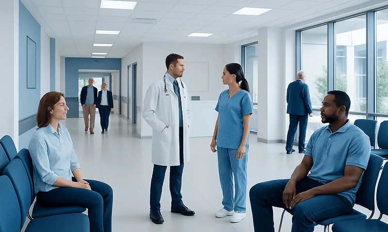 Medical staff and patients in a hospital corridor at Acibadem Hospitals Group.