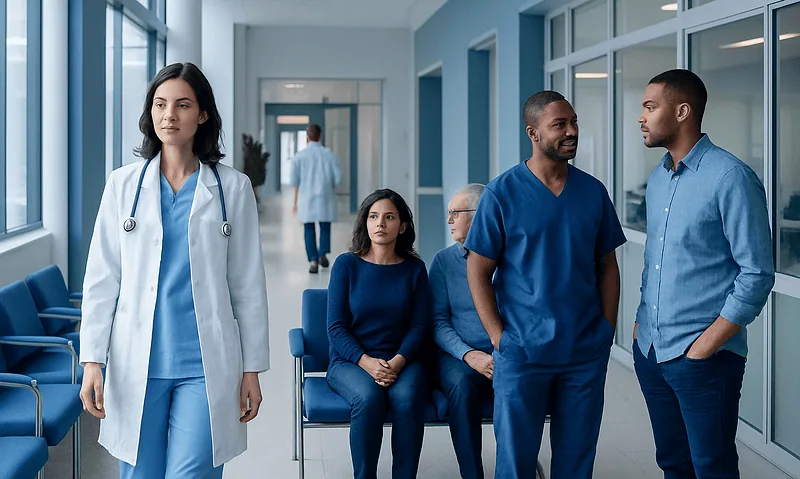 Medical staff and patients in a hospital corridor at Acibadem Hospitals Group.