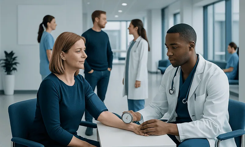Doctor measuring patient's blood pressure in a hospital setting.
