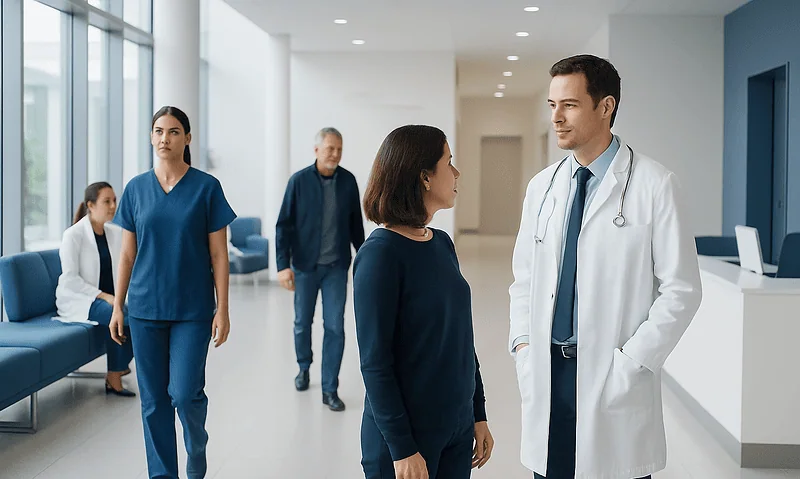 Doctor talking to patient in hospital corridor with medical staff in background.