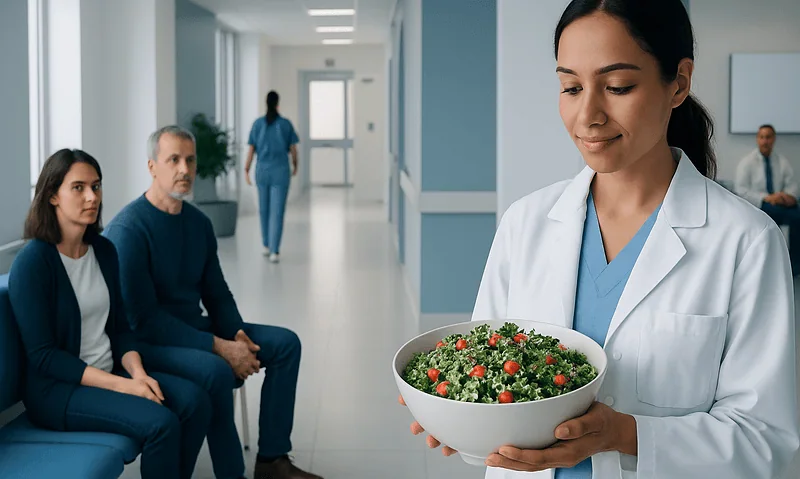Healthcare professional holding a bowl of salad in a hospital corridor.