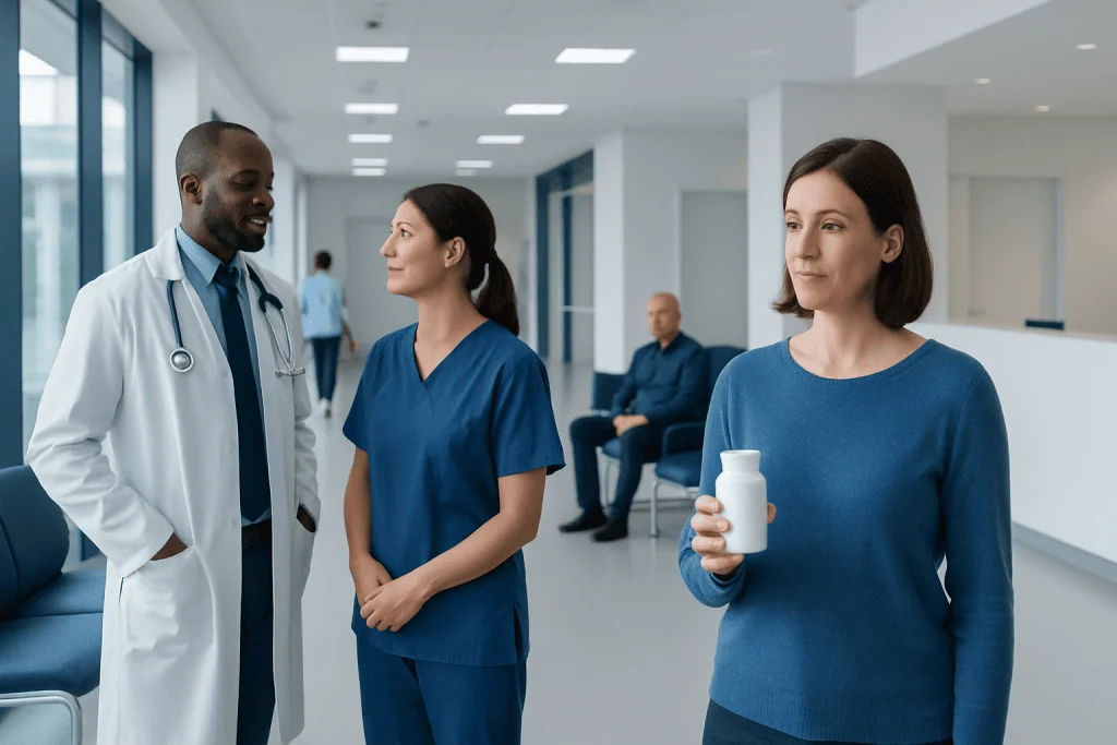 Tablets with Vitamin C: A Doctor-Reviewed Guide to Uses and Safety 1 Patients and healthcare professionals in a hospital corridor.