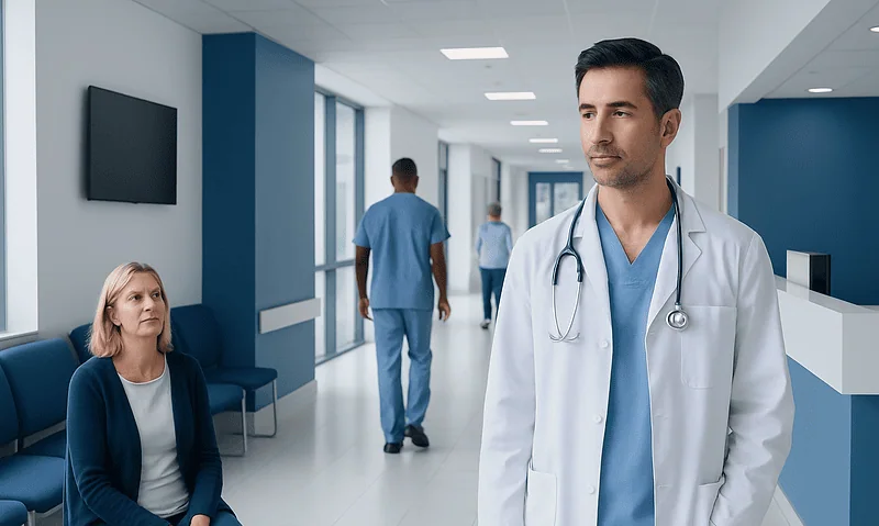 Doctor and patient in hospital corridor, healthcare setting.