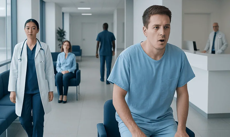 Patient experiencing shortness of breath in hospital waiting area.