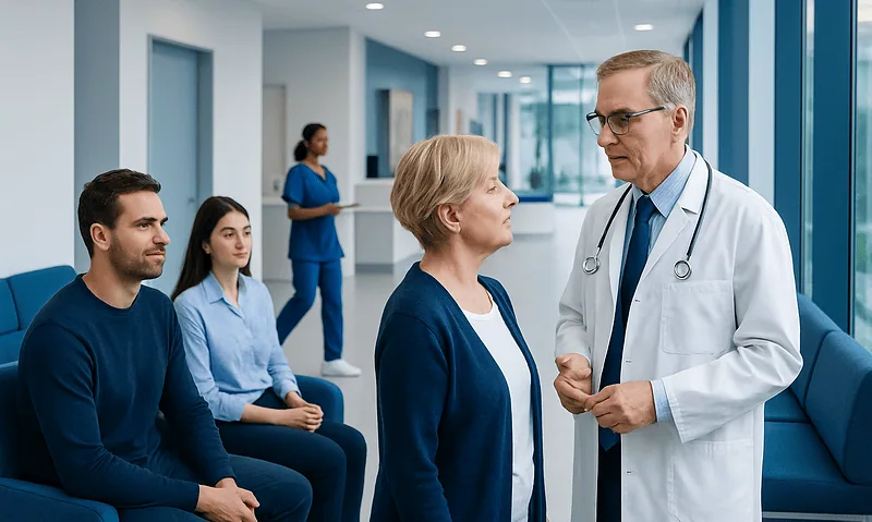 Doctor consulting with elderly female patient in hospital corridor.