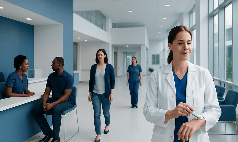 Healthcare professionals in a modern hospital lobby with large windows.