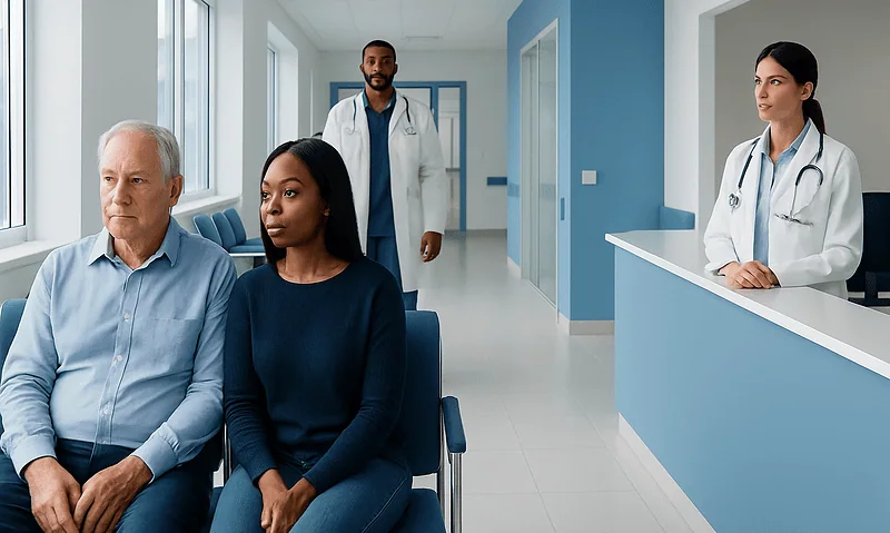 Patients waiting in a hospital corridor with medical staff nearby.
