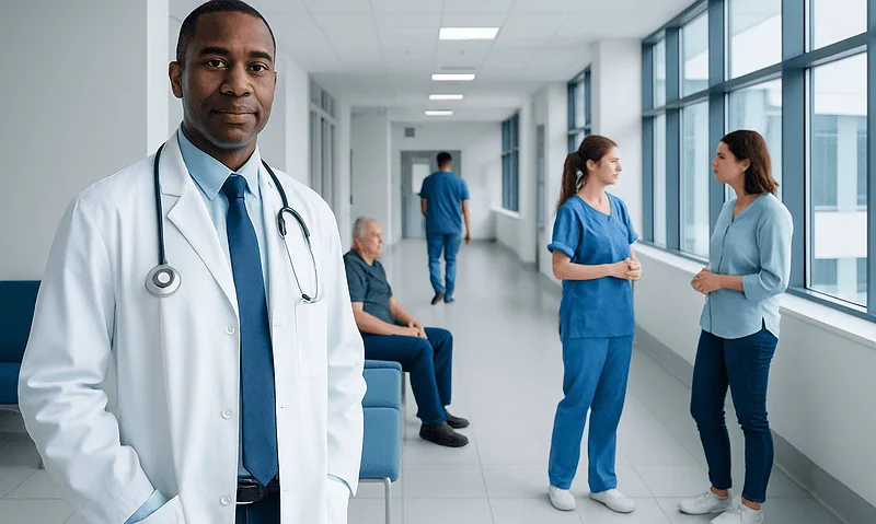 Medical professionals and patients in a hospital corridor.