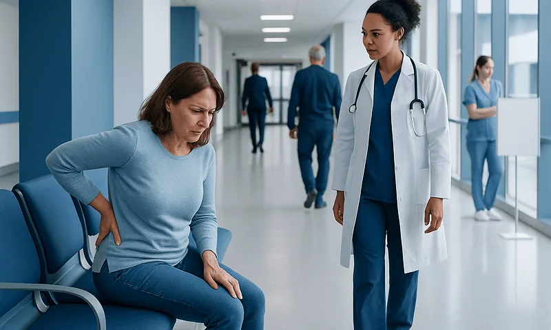 Woman experiencing lower back pain in a hospital corridor with medical staff nearby.