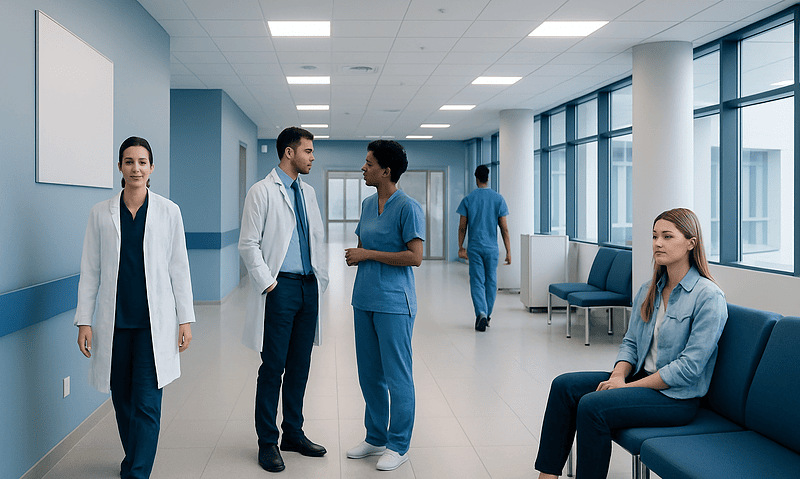 Medical professionals and patient in hospital corridor at Acibadem Hospitals Group.