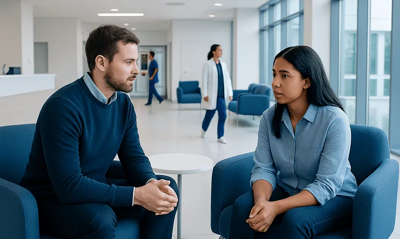 Therapist and patient in a modern hospital counseling session.