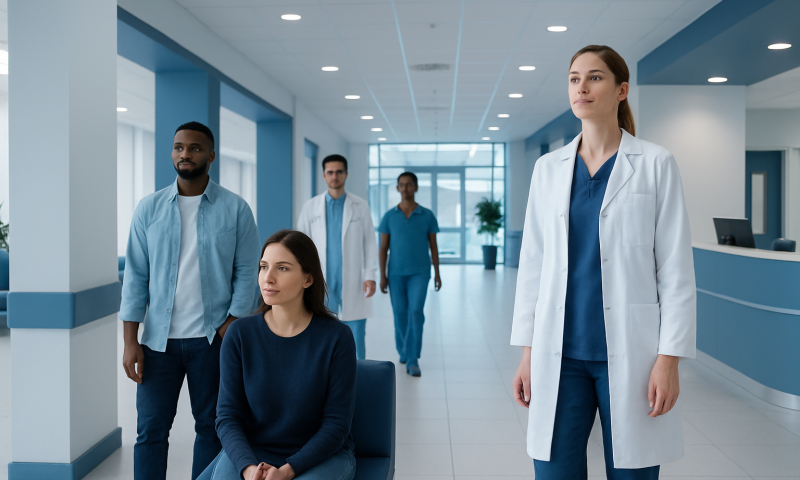 Medical team in hospital corridor with doctor and patients.