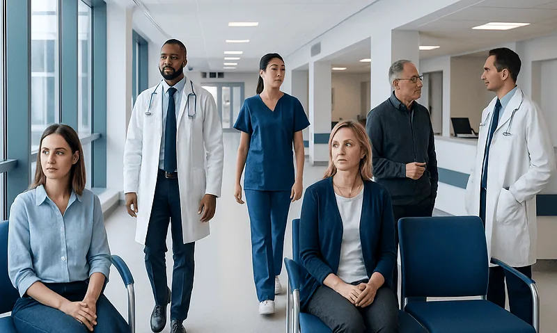 Medical team and patients in a hospital corridor at Acibadem Hospitals Group.