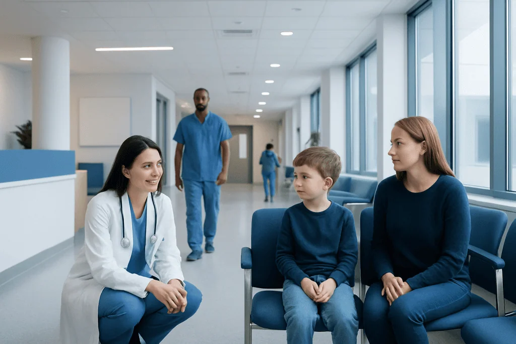 Tamiflu for Kids: What Patients Need to Know 1 Pediatric consultation in a modern hospital corridor with a doctor and children.