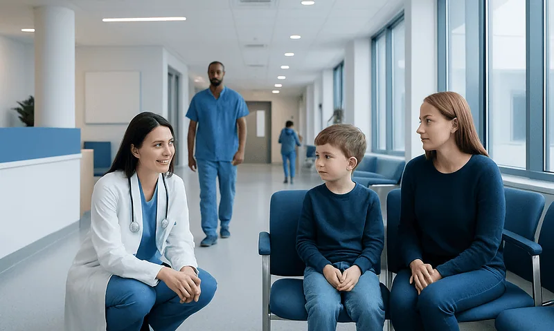 Pediatric consultation in a modern hospital corridor with a doctor and children.