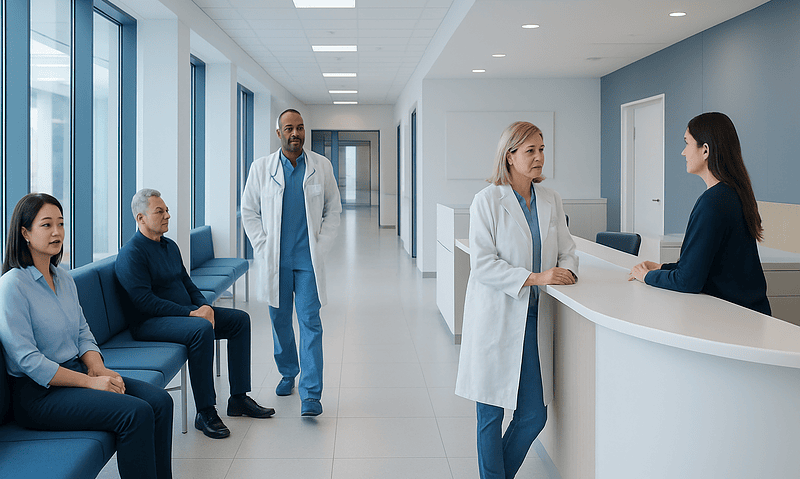 Hospital waiting area with medical staff and patients at Acibadem Hospitals Group.