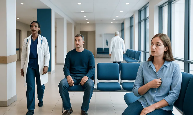 Hospital waiting area with patients and medical staff at Acibadem Hospitals Group.
