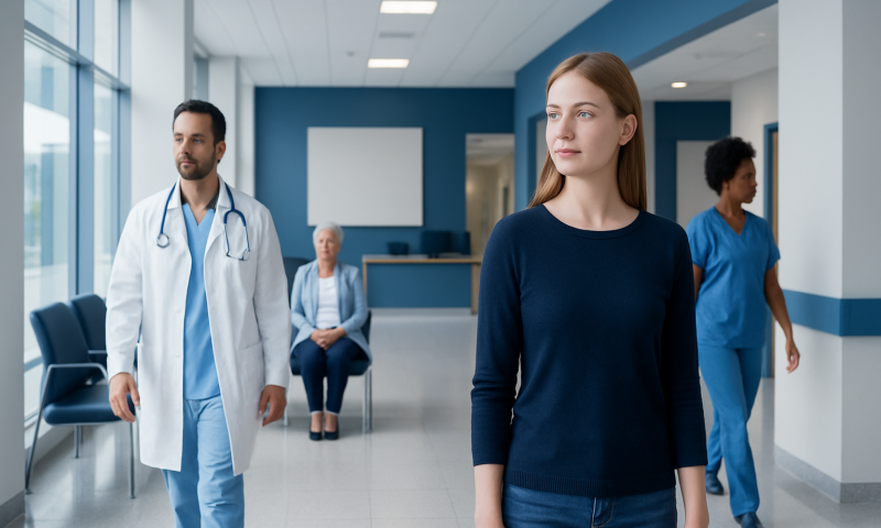 Young woman waiting in hospital corridor with medical staff nearby.