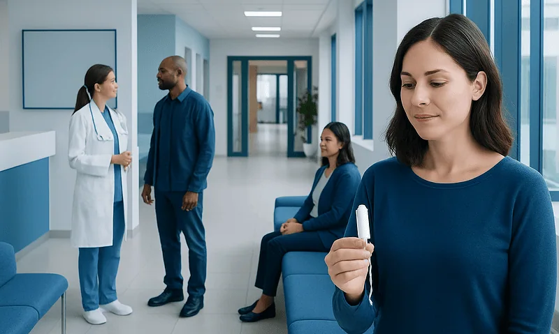 Healthcare professionals and patients in a hospital corridor.