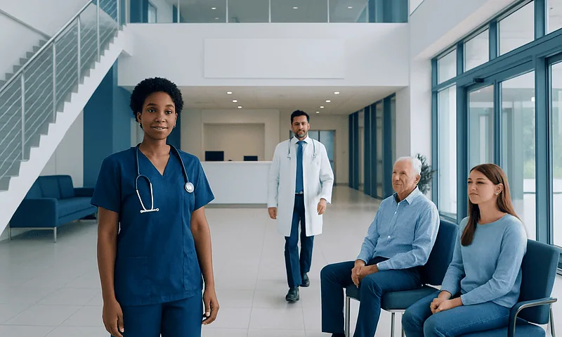 Healthcare professionals and patients in a modern hospital lobby.