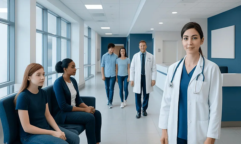 Medical professionals and patients in a modern hospital corridor.