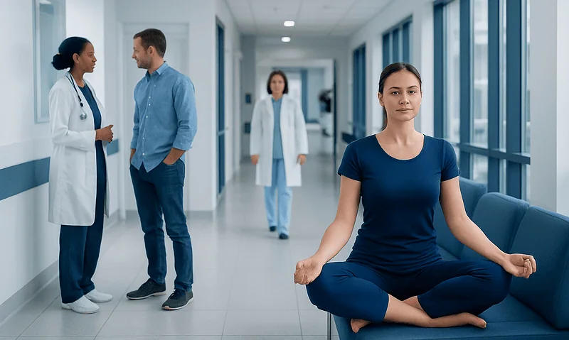 Patient practicing meditation in hospital corridor with medical staff nearby.
