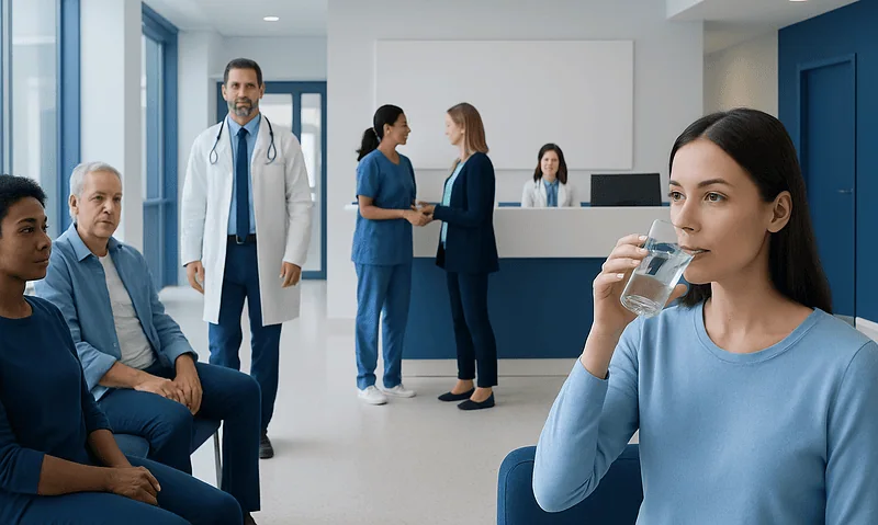 Patient drinking water in hospital waiting area with medical staff in background.