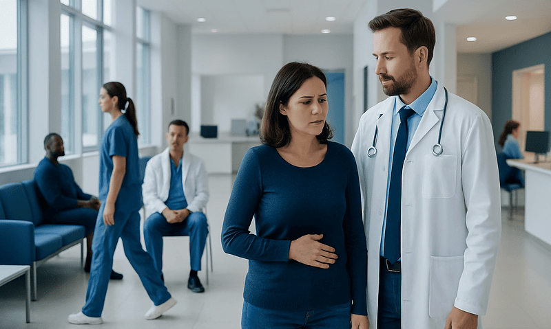 Doctor consulting a patient in a hospital corridor with medical staff in background.