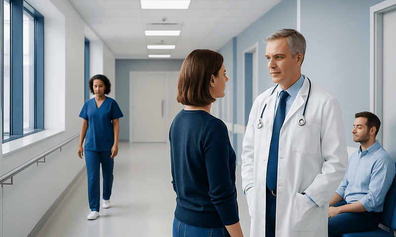 Doctor consulting a patient in a hospital corridor with staff in the background.