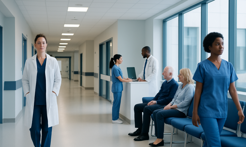Medical staff and patients in a hospital corridor at Acibadem Hospitals Group.