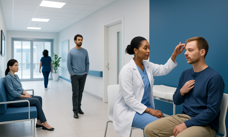 Doctor examining a patient in a hospital corridor with other patients waiting.