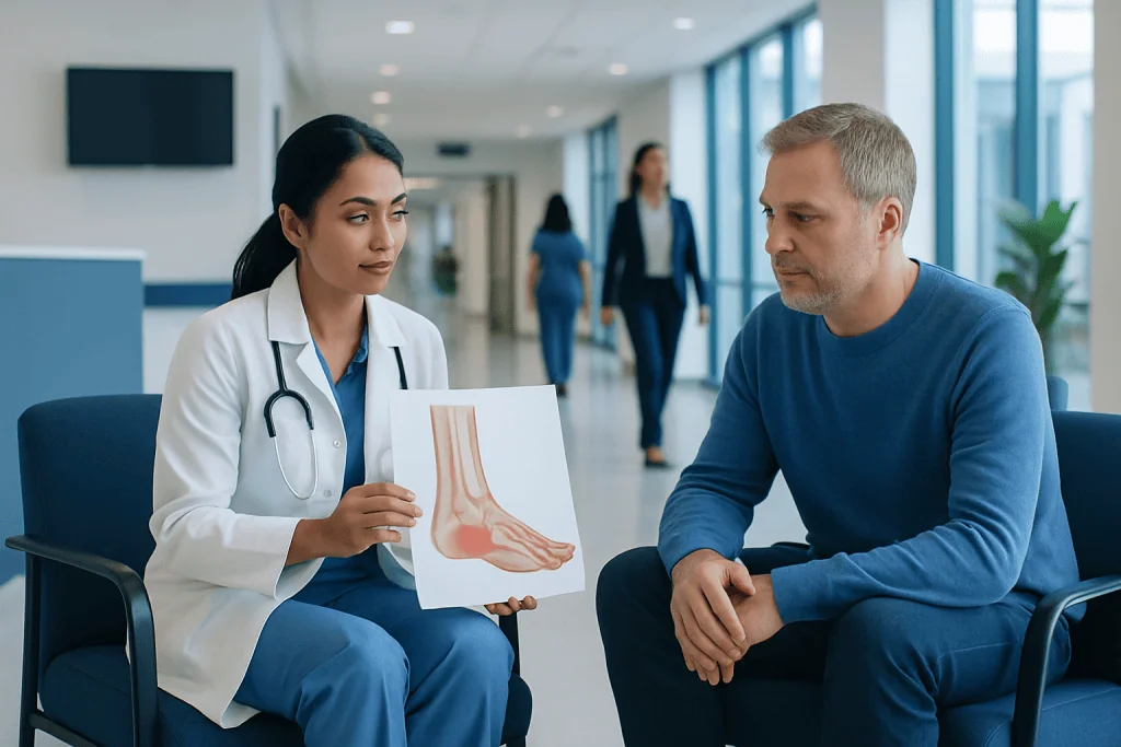 Tarsal Tunnel Syndrome: Diagnosis, Outlook, and Modern Treatment Approaches 1 Doctor explaining tarsal tunnel syndrome to patient with foot diagram.