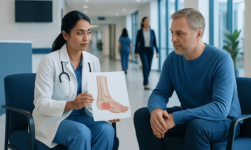 Doctor explaining tarsal tunnel syndrome to patient with foot diagram.