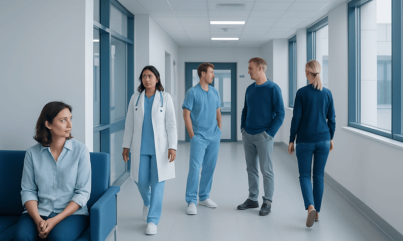 Medical team in hospital corridor with patient waiting area.