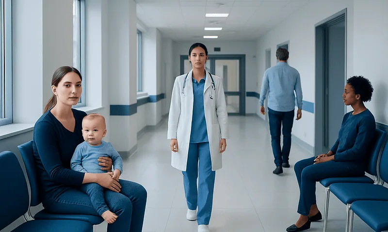 Diverse group of patients and healthcare professional in hospital corridor.