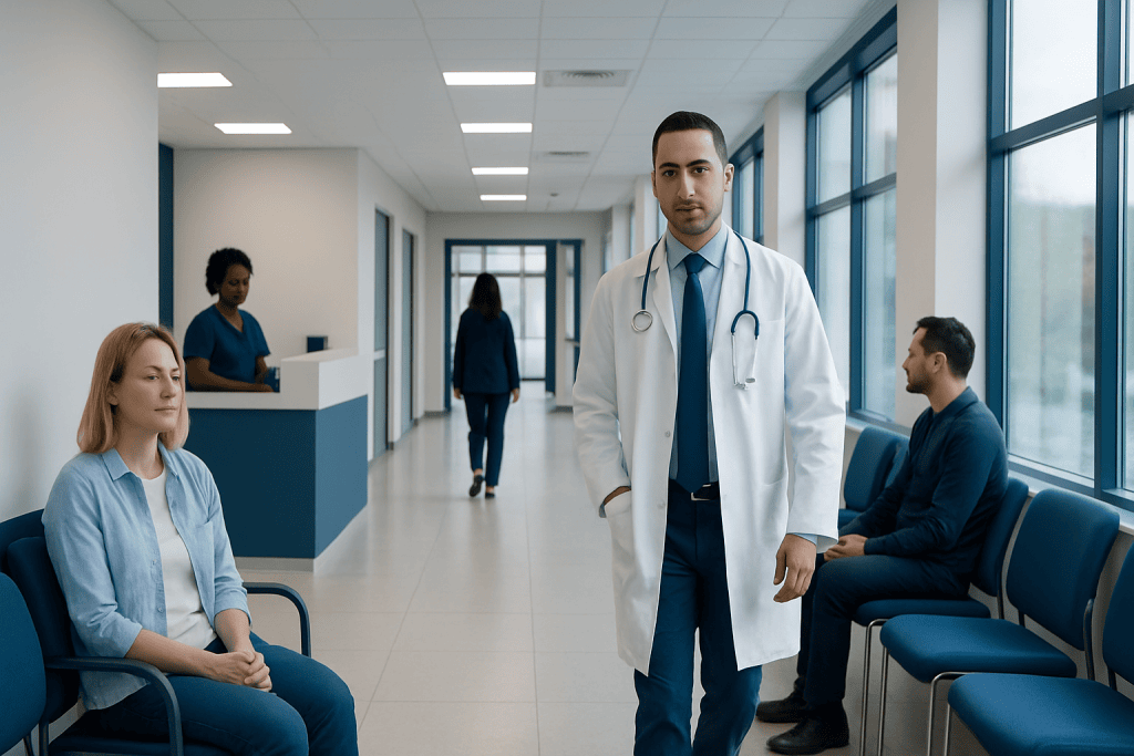 Tazarotene: What Patients Need to Know 1 Doctor with patients in a modern hospital corridor.