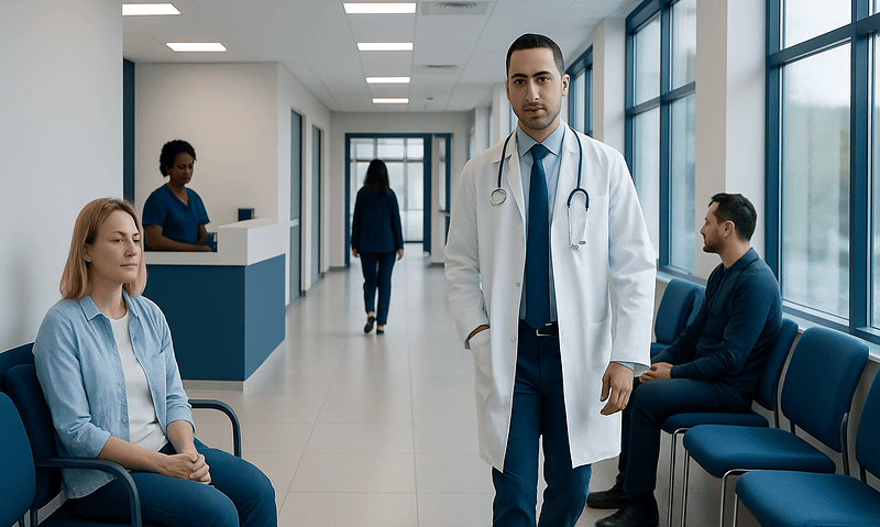 Doctor with patients in a modern hospital corridor.