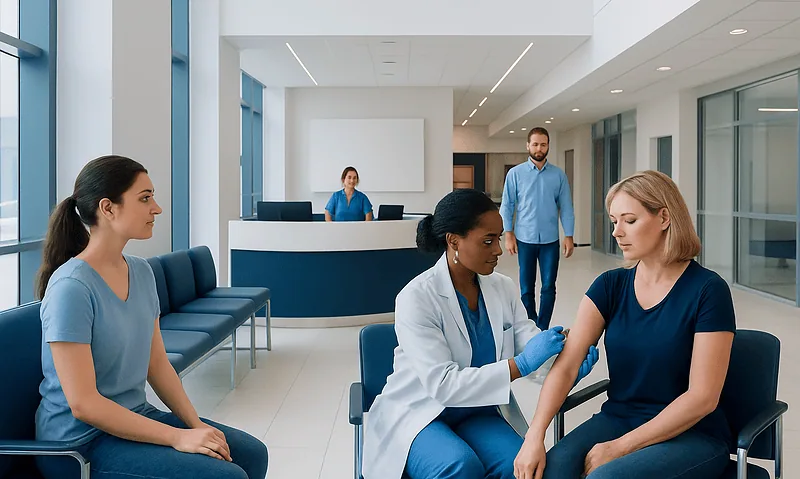 Healthcare professionals administering a vaccine in a modern clinic.