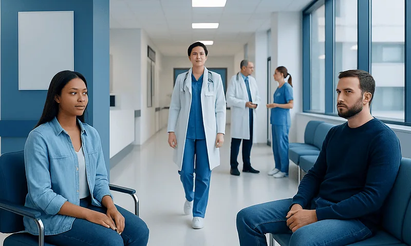 Patients waiting in a hospital corridor with medical staff in the background.