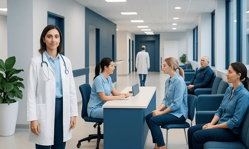 Healthcare professionals and patients in a modern hospital waiting area.