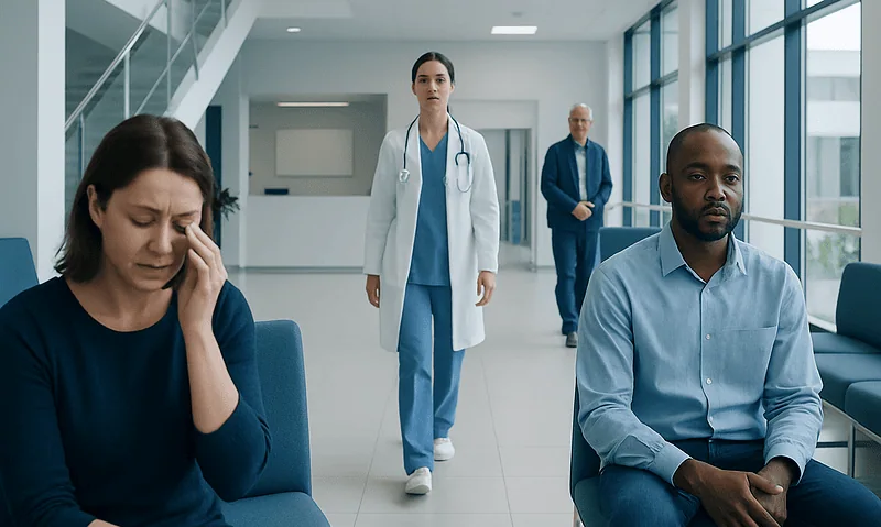 Patients waiting in a hospital corridor with a healthcare professional approaching.
