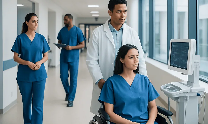 Medical team using modern technology in a hospital corridor.
