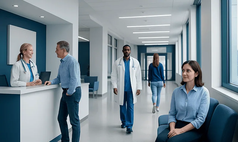Healthcare professionals and patients in a modern hospital corridor.