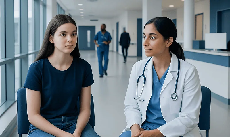 Teen girl consulting with a doctor in a hospital corridor.