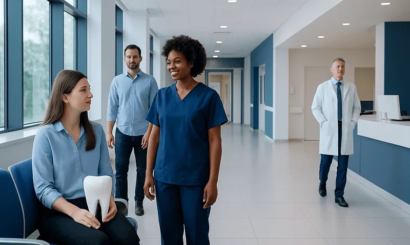 Healthcare professionals and patient in a modern hospital corridor.