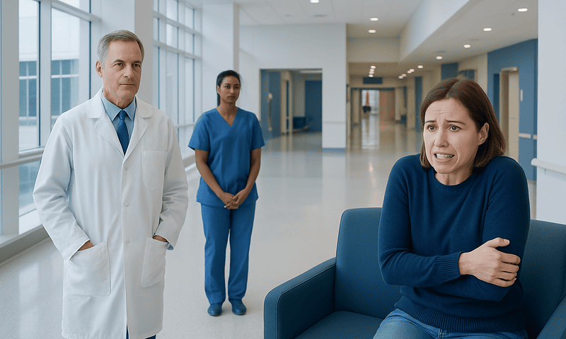 Patient experiencing dental anxiety in a hospital corridor with medical staff nearby.